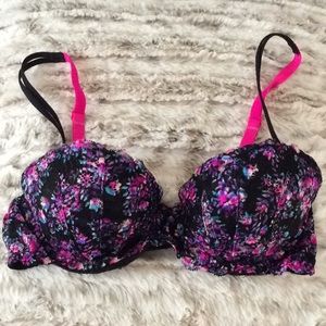 Pink/Victoria’s Secret Black Flowery Push-up Bra.